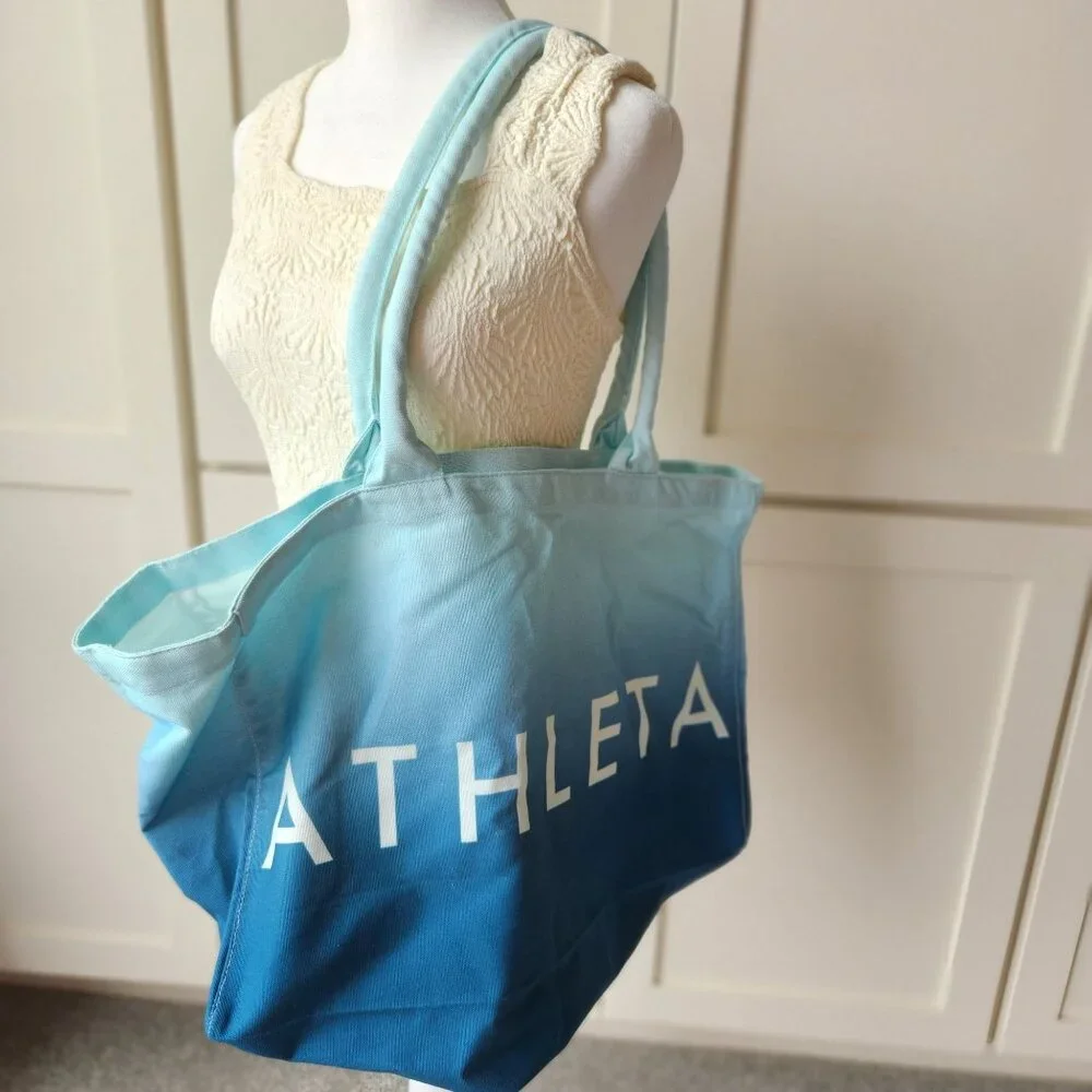 Athleta Ombre Blue Tote Bag 100% Cotton Large Shopper Vacation Beach Pool Gym - Picture 2 of 7